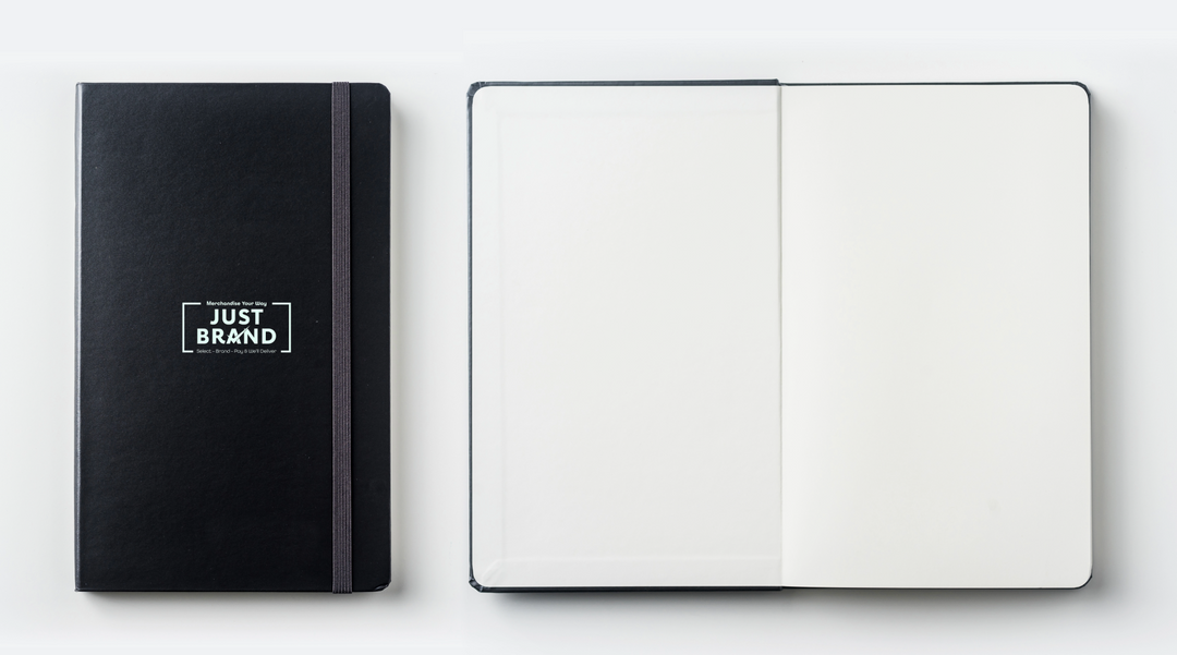 Black Notebook with white Just Brand logo - personalised notebooks - note books