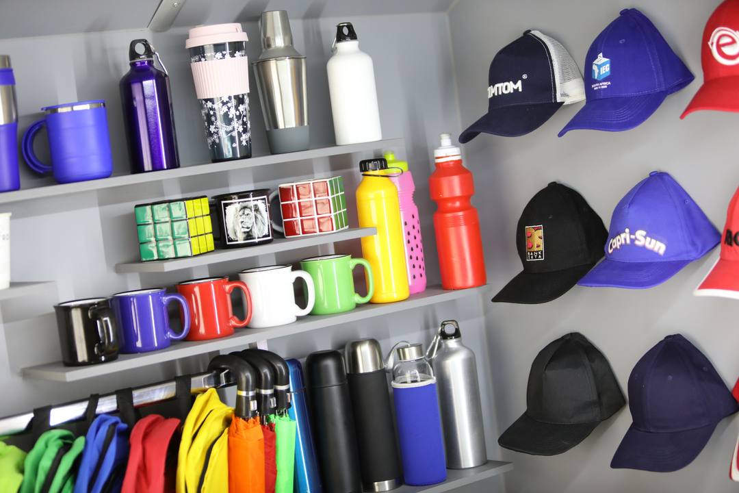 Display of promotional items // office marketing supplies, marketing and promotional items