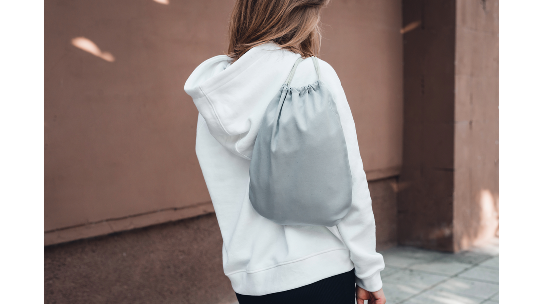 Woman wearing a drawstring bag - drawstring bag - printed drawstring bag