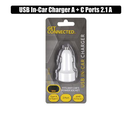 Get Connected USB In-Car Charger A + C Ports 2.1A