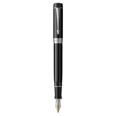 Parker Duofold Fountain Pen Medium Nib Black Ink - Lacquer Black Chrome Trim