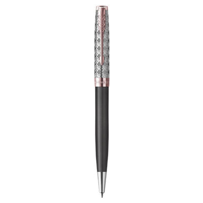 Parker Sonnet Ball Pen Medium Nib Black Ink - Metal & Grey Lacquer Pink Gold Trim