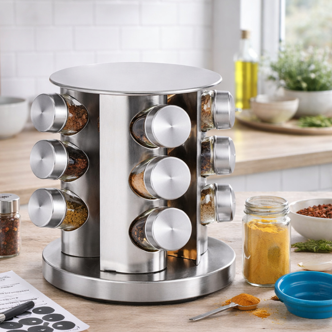 Stainless Steel Rotating Spice Rack with 12 Jars