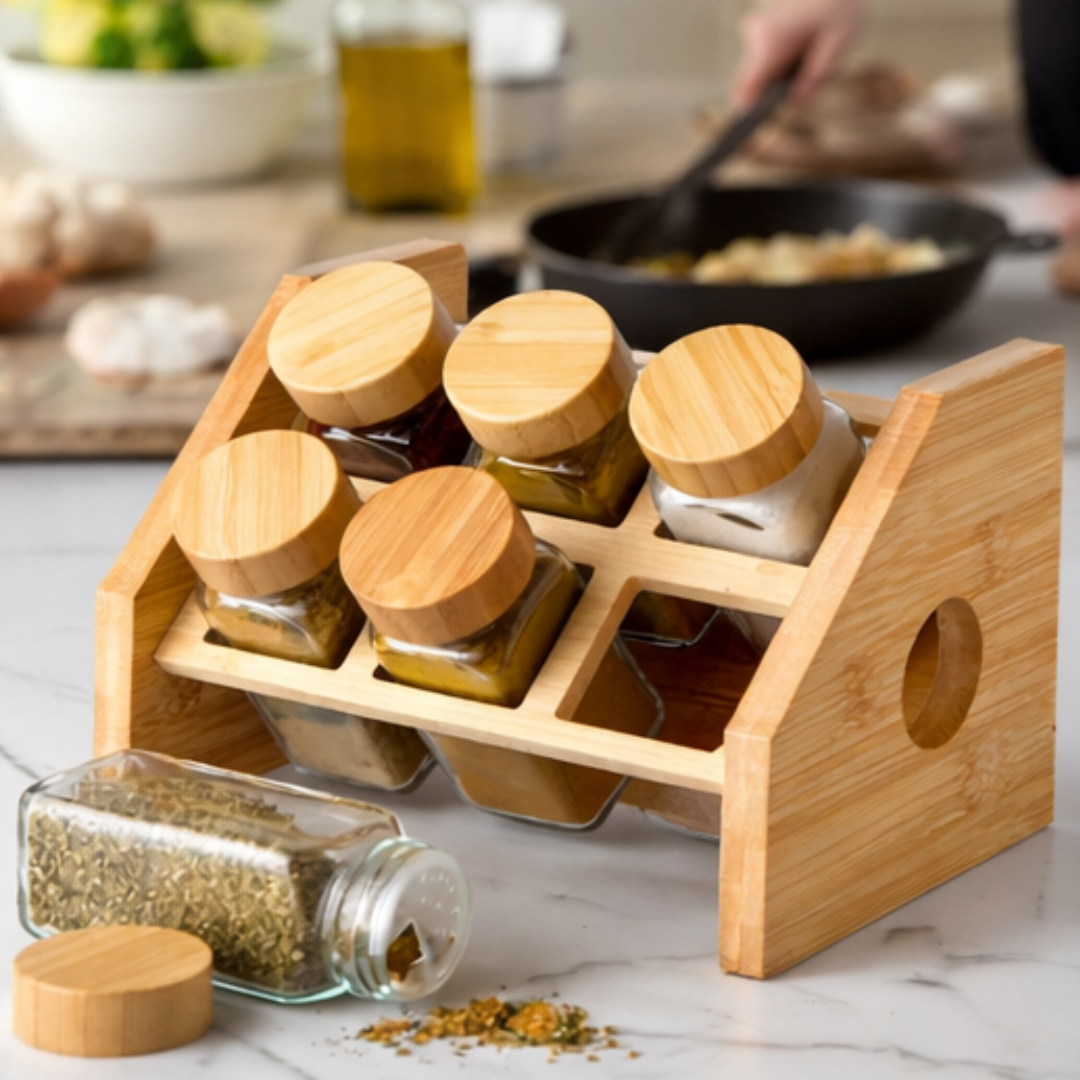 6-Piece Glass Spice Jar Set with Bamboo Stand