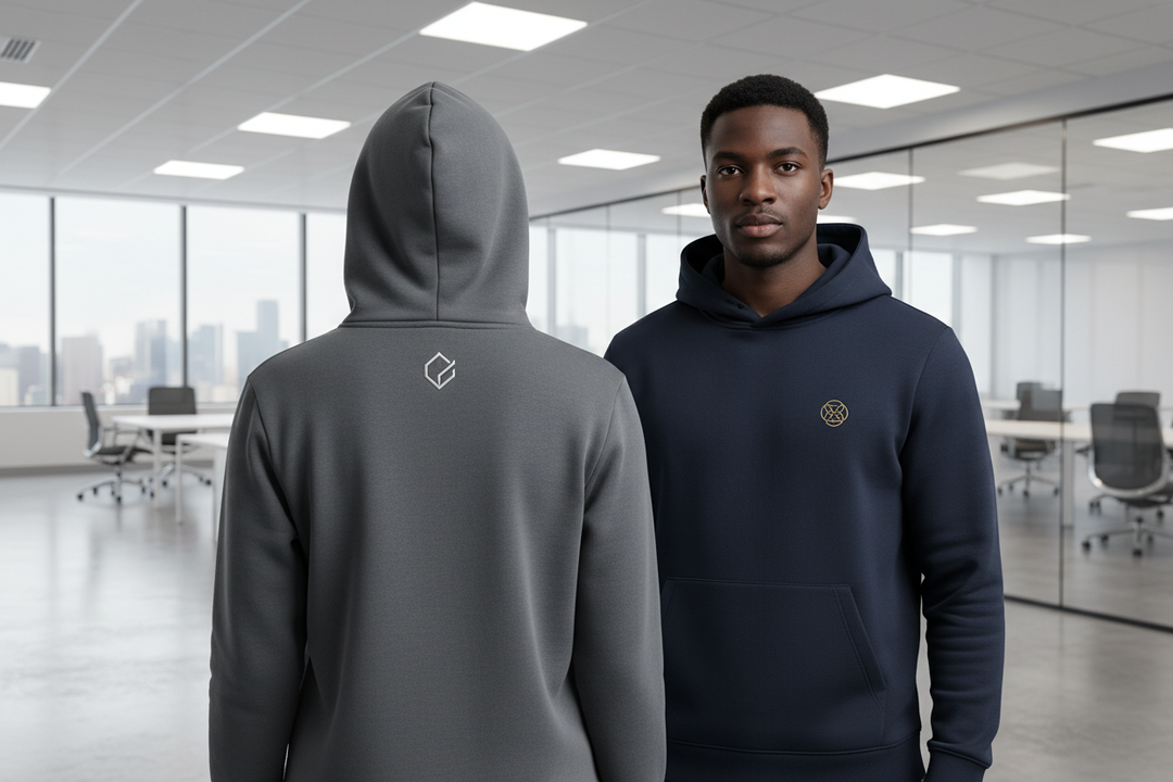 make it branded, show the lady from the back and the guy from the front. The lady should have a hoodie capp.